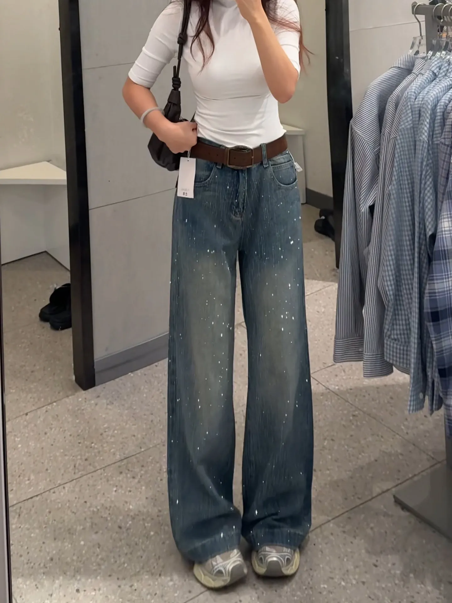 

Retro American Fleece Lined Wide Leg Denim Jeans Women's Slim Fit Bootcut Pants Autumn Winter New Style Small Size Flattering
