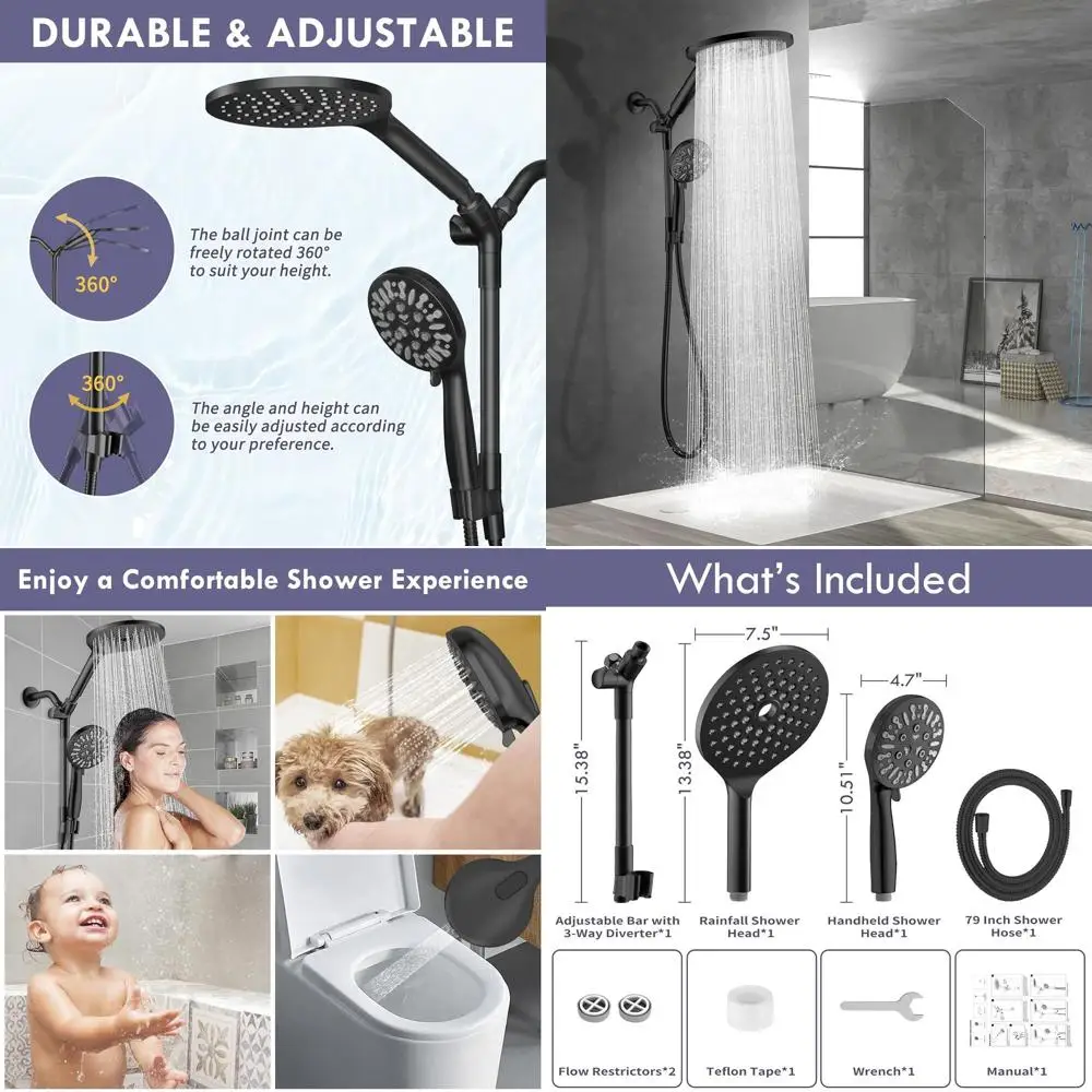 Dual Shower Heads with Handheld Spray, 7.5 Rainfall and 9 Fixed Head, Matte Black Finish