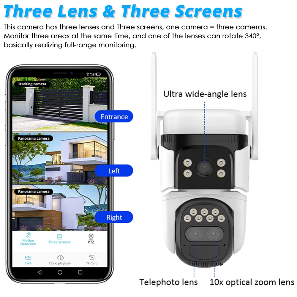 Caméra de surveillance extérieure à trois objectifs avec panneau solaire, 15MP, 4G Sim, 360 PTZ, n'aime 10X, batterie, détection AOV PIR