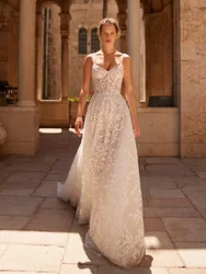 Luxurious Elegant Spaghetti A Line Lace Wedding Dress Champagne lining Luxury Romantic Boho Bridal Gowns Lace Up Back Vestidos