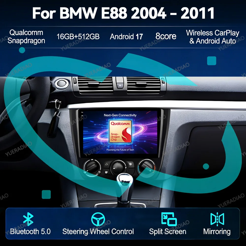 Autoradio Android 17 pour BMW Série 1 E87 E81 E82 E88 2004 - 2011 GPS NAVI Carplay & Android Auto Autoradio DVD 2K QLED