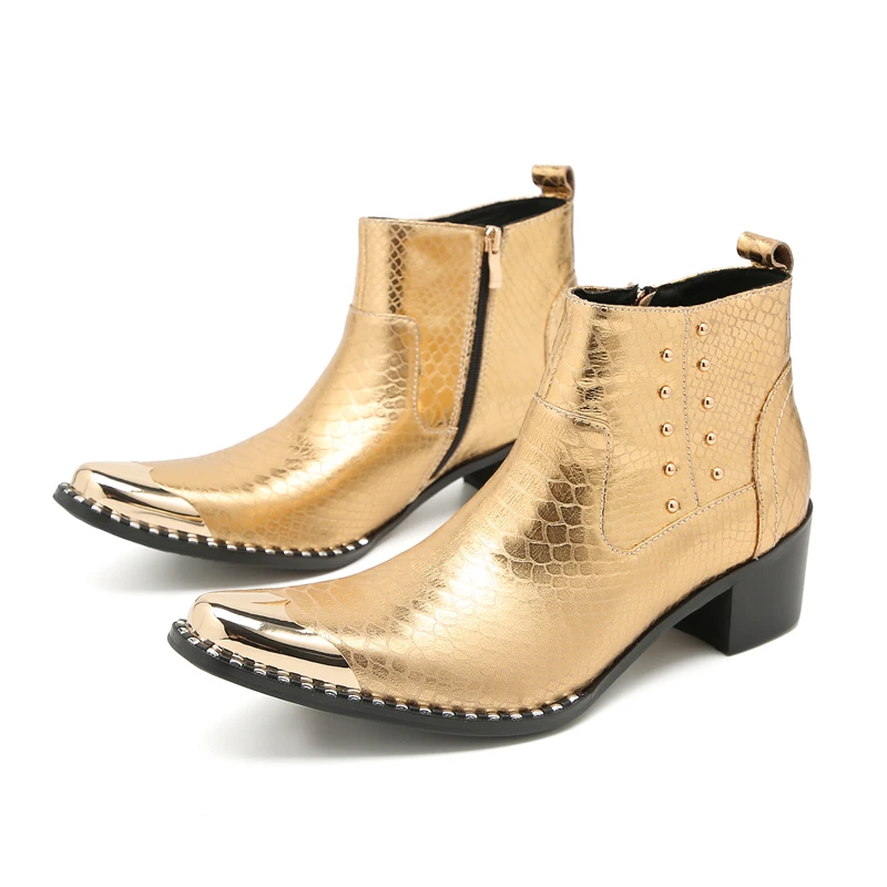 

italian Cowboy Dress Fashion Boots Men Steel Pointed Toe Gold Snake Skin High Heels Rivets Shoes Motorcycle Chelsea Boots Man