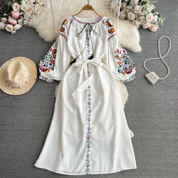 Boho Vintage Spring Autumn Women's Dress Ethnic Style Sundress Long Sleeve Embroidered Cotton Linen Black Beach Dresses платье