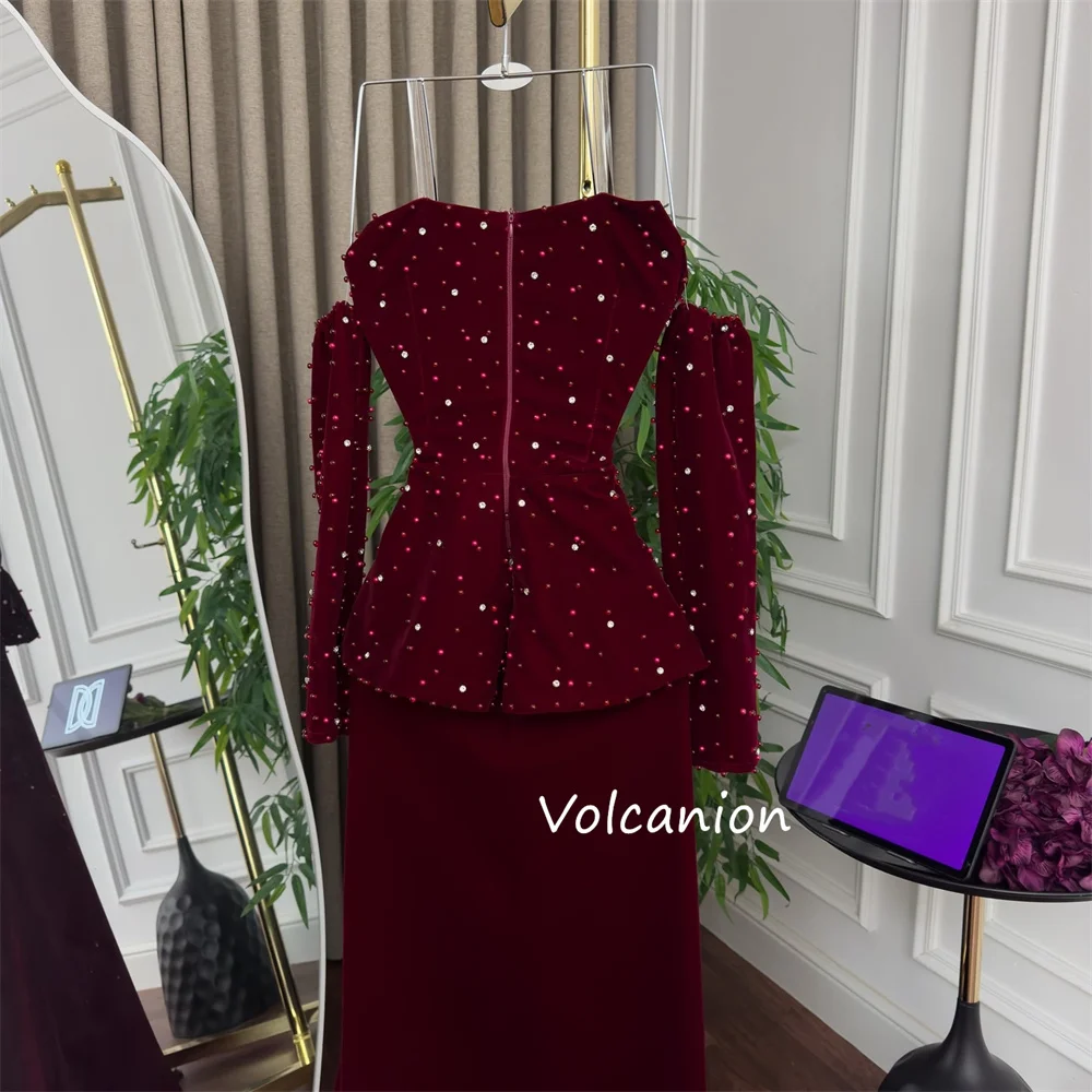 Sukienki na zamówienie w stylu chińskim, welurowe, z perłowymi plisami, syreni krój, odkryte ramiona, długie, na specjalne okazje, quinceañera, proste.