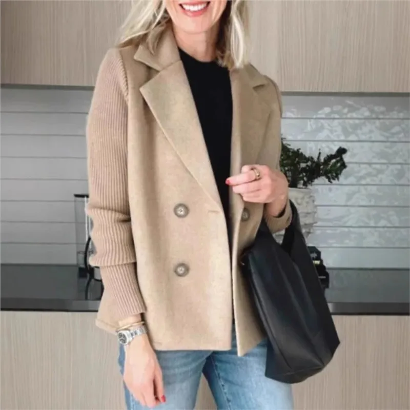 

New Knitted Long Sleeves Women'S Coat Short Spring Casual Tweed Suit Office Jacket Blend Wool Coat Double Breasted Blazer Female