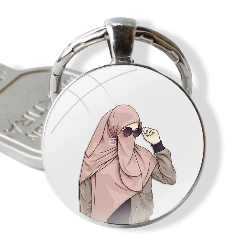 Keychain Handmade Glass Cabochon Key Ring Holder Pendant Key Chains Islamic Muslim Hijabi Girls Art