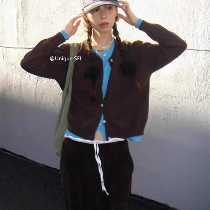 

Винтажный свободный кардиган из двух предметов с длинными рукавами, женский осенний сезон 2022, новый повседневный вязаный топ с круглым вырезом контрастного цвета в стиле пэчворк