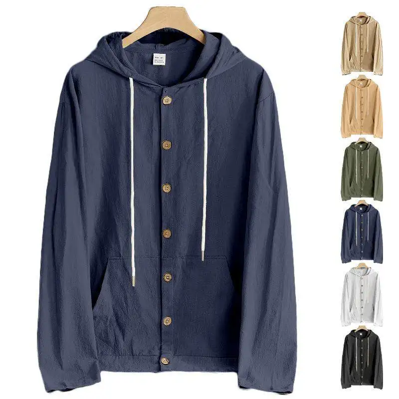 

Men's Button-Up Shirt Loose Cotton Linen Casual Beach Hooded Long Sleeve Jacket Citywalk Collar Pure Color Non-Shrinkage