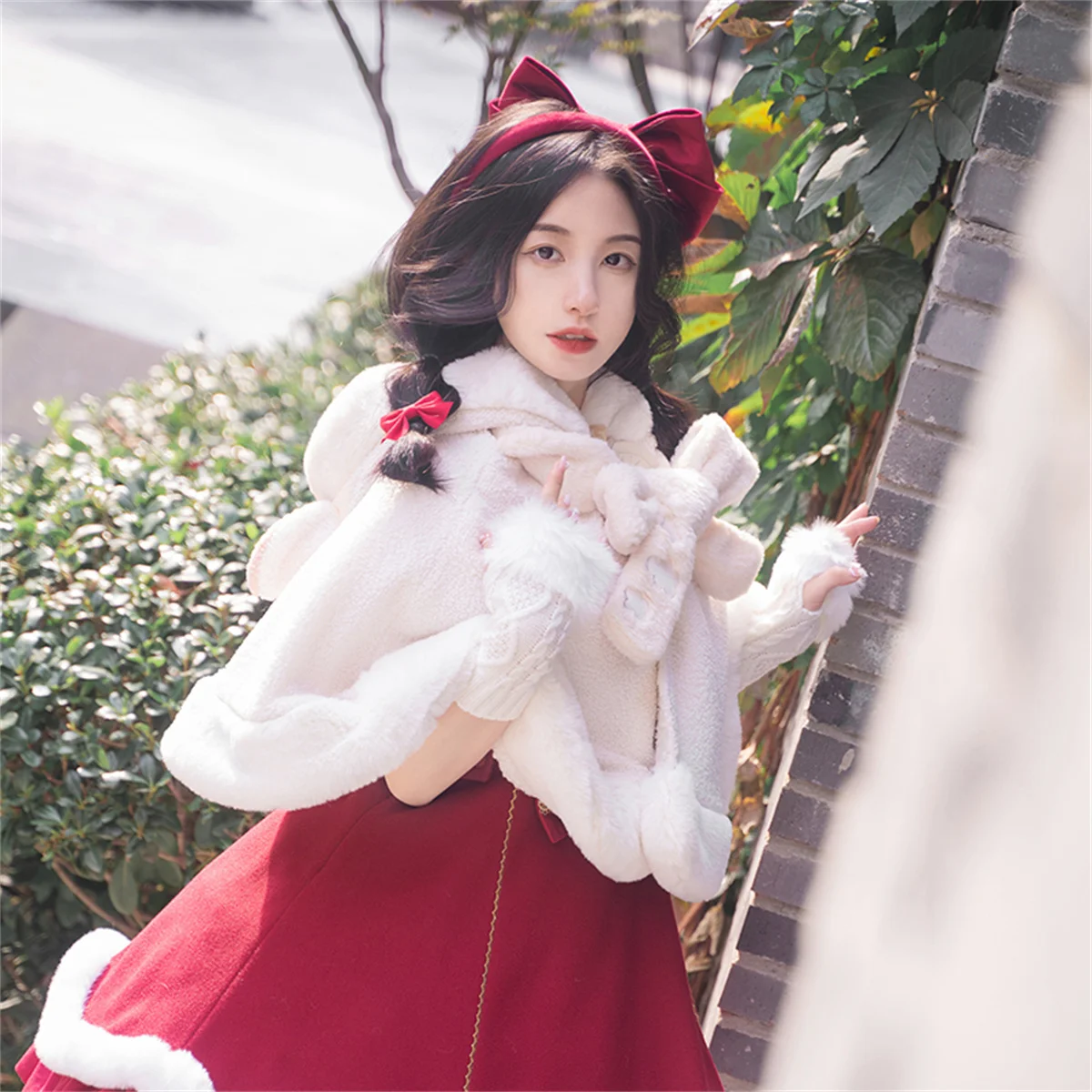 Japanese Kawaii Girls Cosplay Lolita Winter Hat Cloak White Fluffy Warm Sheep Ears  Cute Cartoon Sweet  Solid Color Cloak