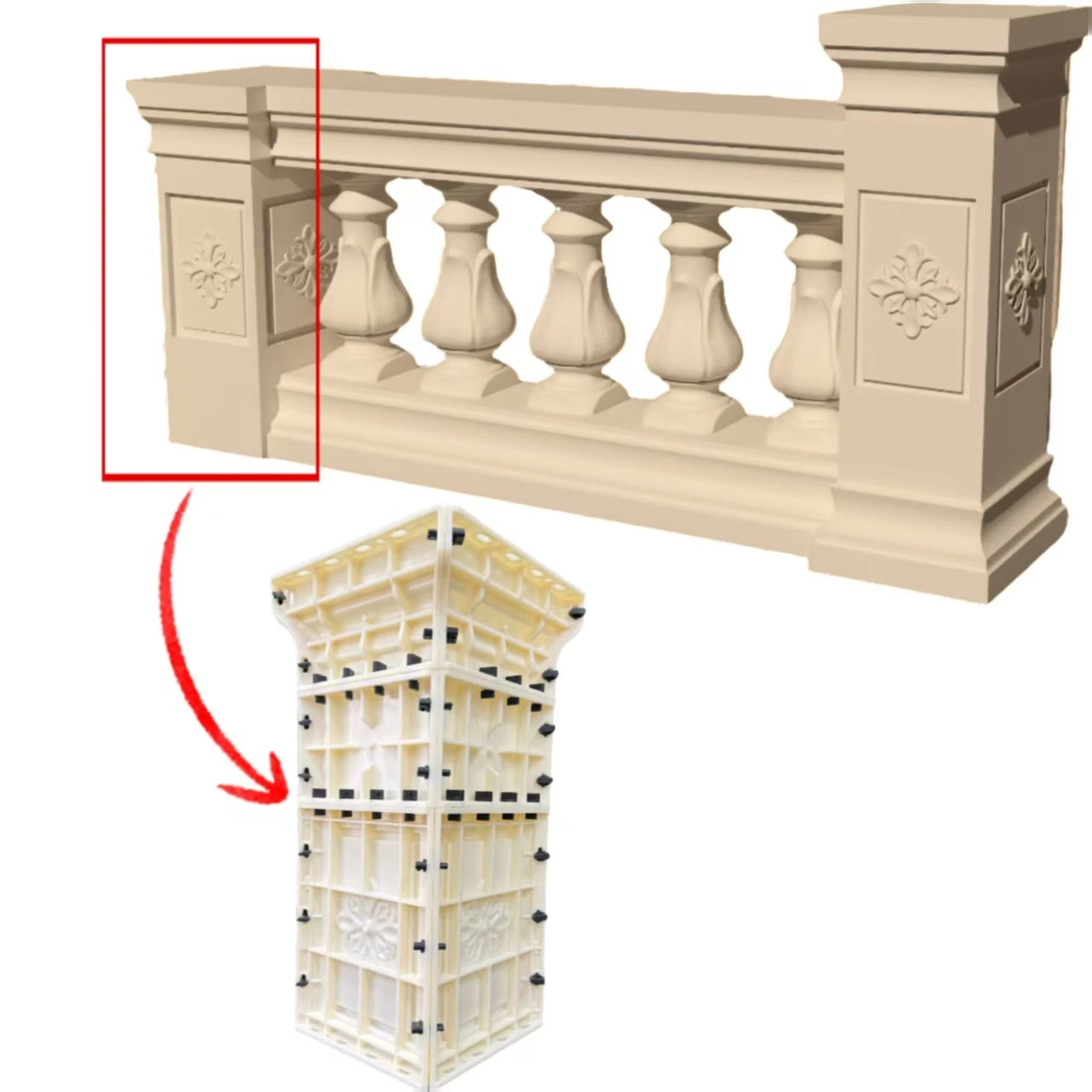 (Exclusivamente para usar con nuestros barandillas) Columnas espaciadoras que se pueden combinar con barandillas de 60 cm de alto, moldes de pilar, específicamente para hormigón y cemento, fácil de desmoldar, antiadherente, moldura única vez, fácil de usar