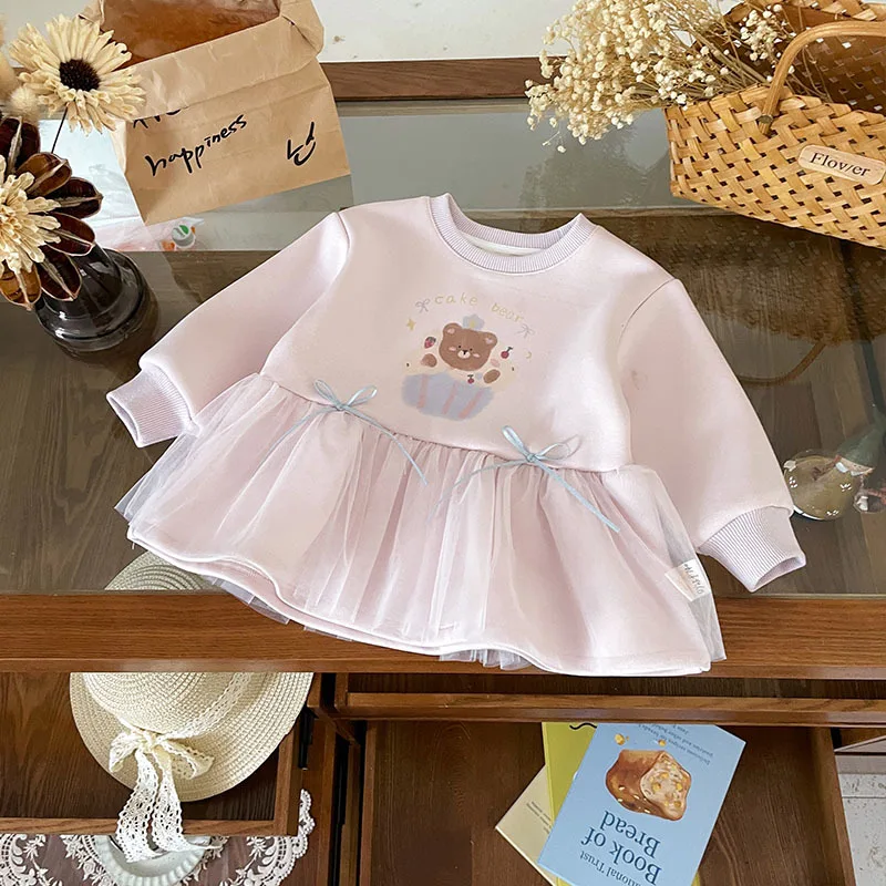Spot GoodsQY259740Girls' Sweater2025خريف جديد رقبة مستديرة كارتونية شبكية مرقعة مبطنة بالصوف