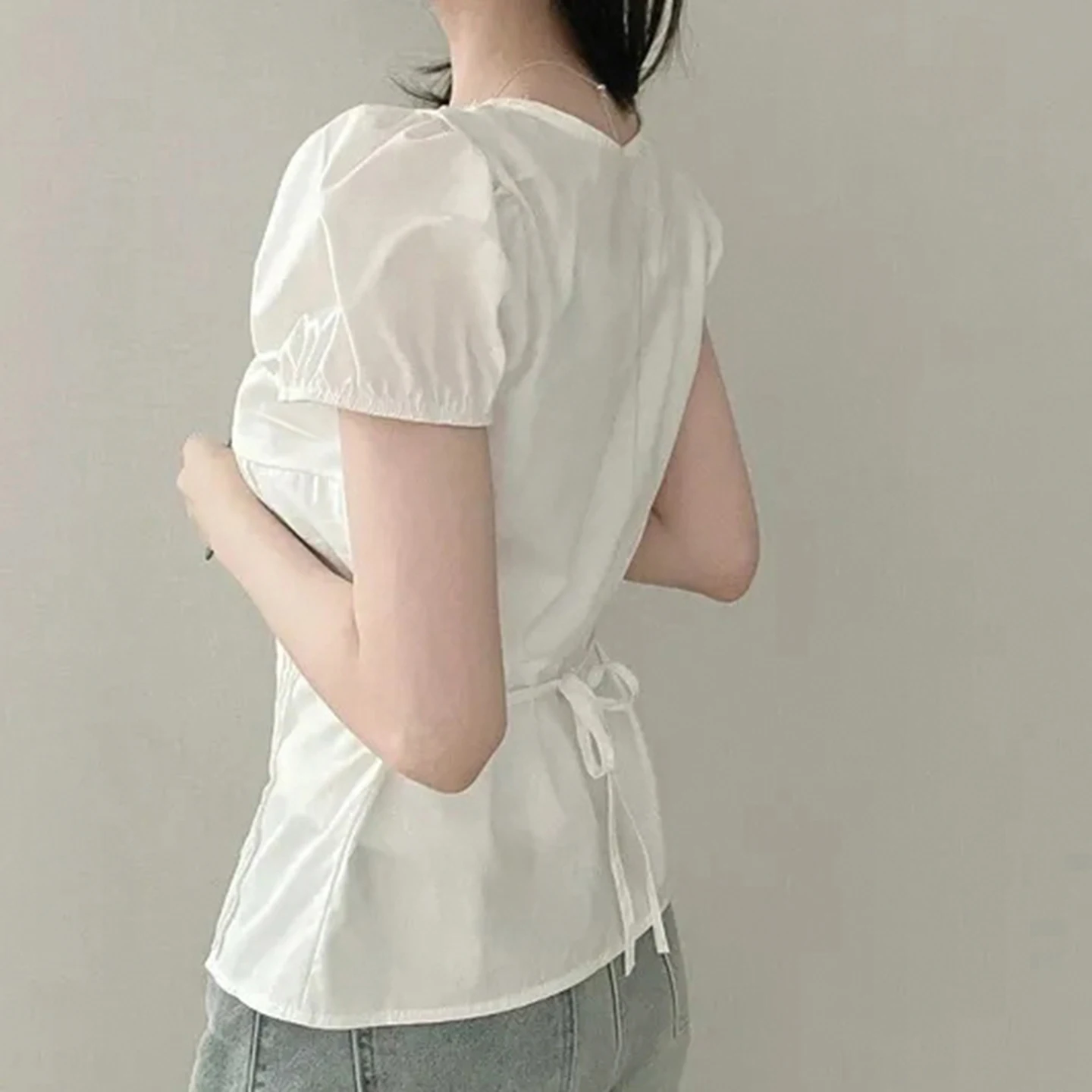 SUCHCUTE Summer O-Neck Drawstring Shirt for Women Casual Bubble-Sleeve Top Sweet Cute Tees Coquette Korean Outfits Harajuku Y2k