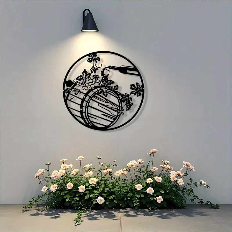 2D Flat Wine Barrel Grapes Iron Wall Hanging,Vineyard Silhouette,for Bar Kitchen Dining Room ****