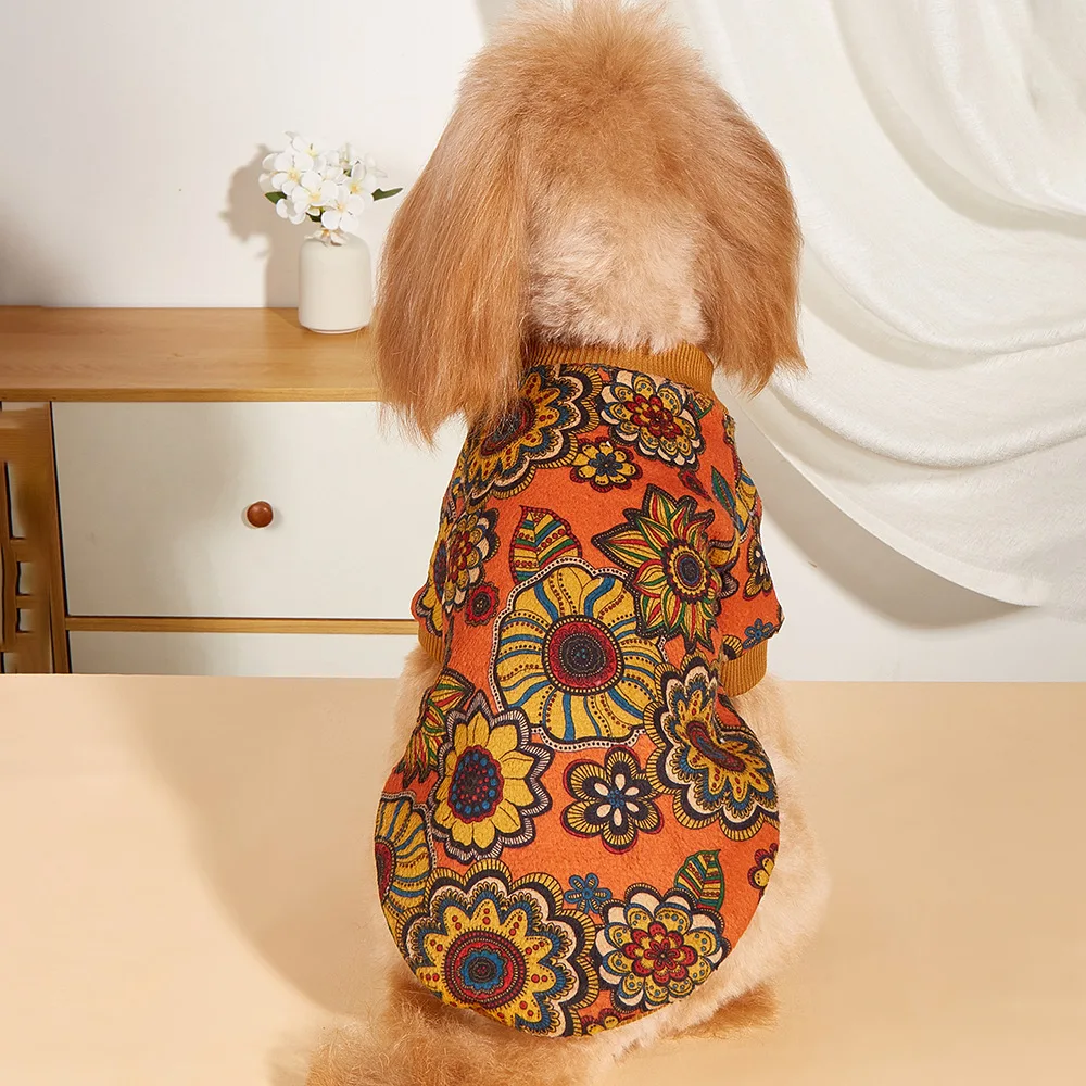 Trendy Floral Print Pet Hoodie, Warm Ethnic Style Fleece Dog Sweater, Cute Plush Cat and Dog Clothes