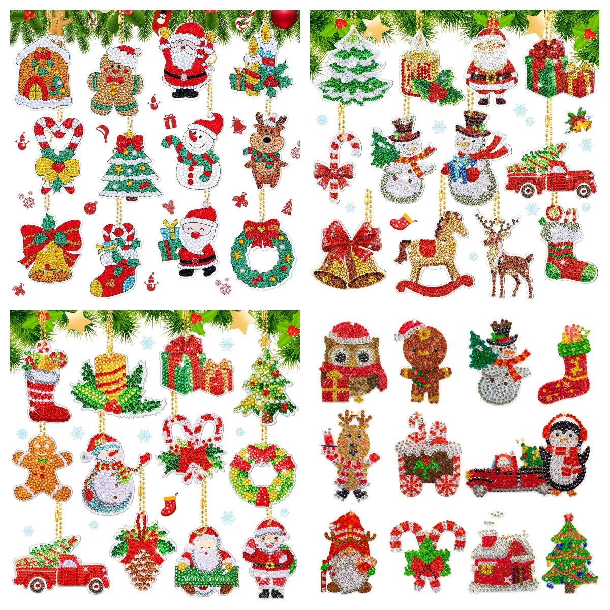 12 DIY-Schlüsselanhänger-Sets mit Diamant-Kunstmalerei zum Selbermachen, Weihnachts-Schlüsselanhänger-Dekorationen aus Kristall, Neujahrsgeschenke