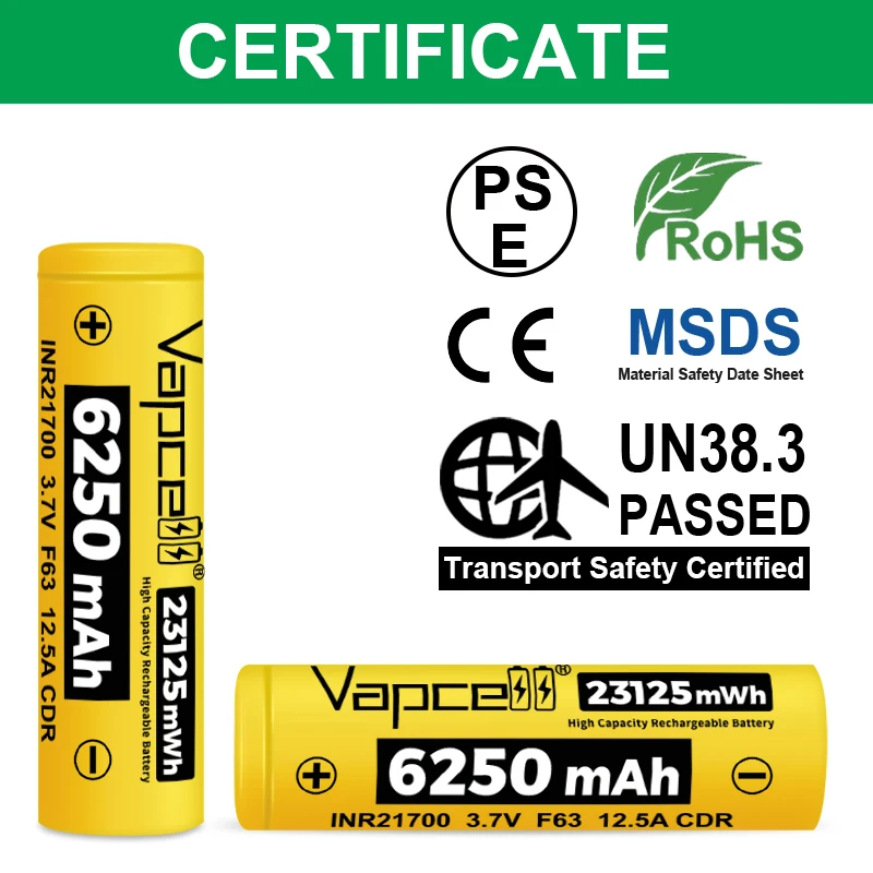 بطارية Vapcell F63 21700 جديدة 6250mah 3.7V 12.5A بطاريات ليثيوم قابلة لإعادة الشحن INR21700 لمصباح يدوي خلية ذات سعة عالية