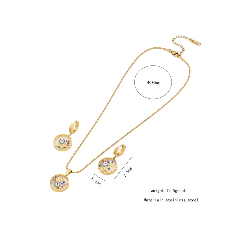 2024 Stainless Steel Round Drop Oil Eye Glass Pendant Necklace Earrings Jewelry Set for Women Girl Trend Party Wedding Gift