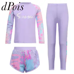Kids Girls 3Pcs Swimsuit Rash Guard Sunsuit Outfit Long Sleeve Floral Tops Shorts And Legging Sun Protection Pool Swimwear Set