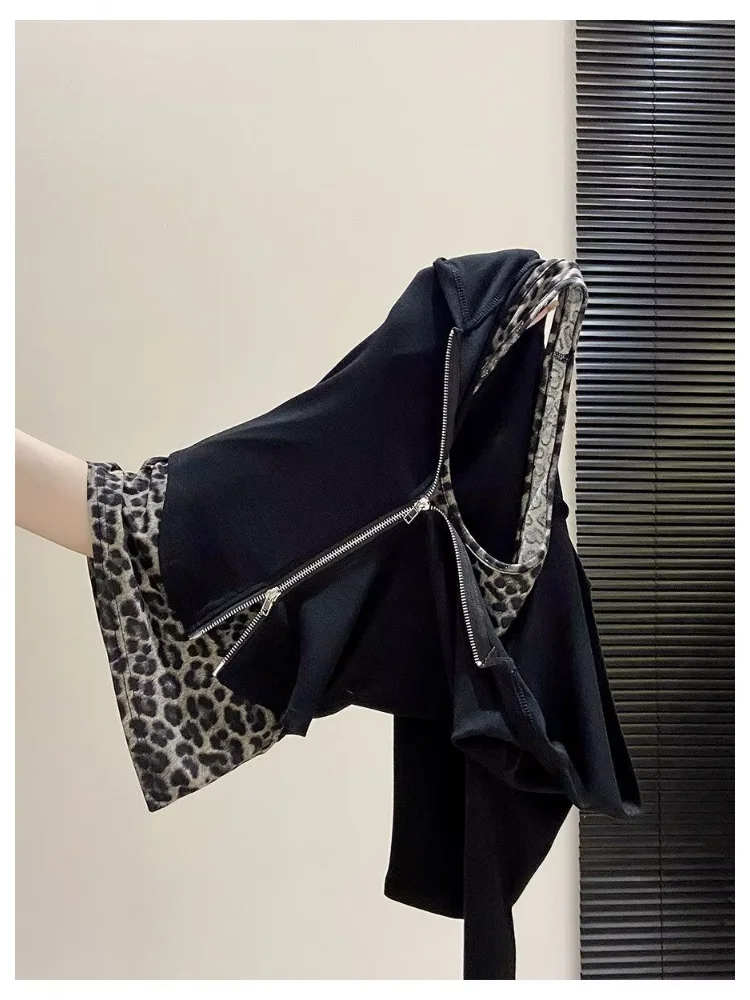 2026 New Retro Y2k Leopard Print 2 Piece Hooded T-shirt Women Double Zipper Cardigan Layered Long Sleeve Top - view 4
