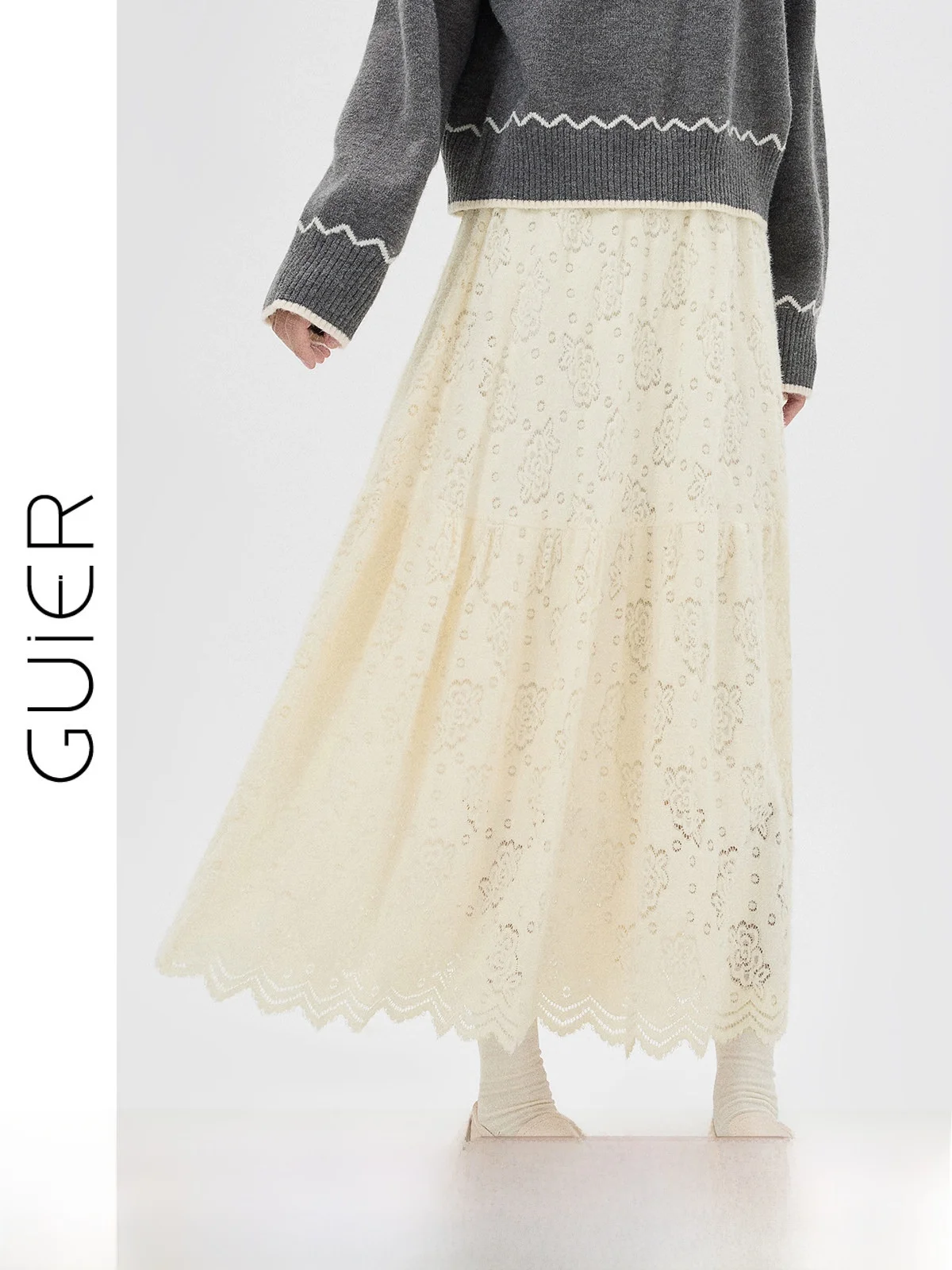 

Guier Hollow out Lace f Skirt Women's Autumn Winter New High Waist A-Line Versatile Ele Skirt French Sle Loose Fit C...