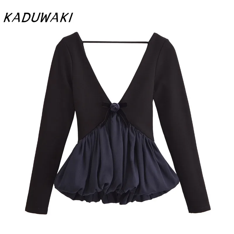 KADUWAKI Spring Bow Flower Decorative Tee for Women Ruffle Hem V-neck Slim Fit Casual Lady Long Sleeve Short Top Female Clothing