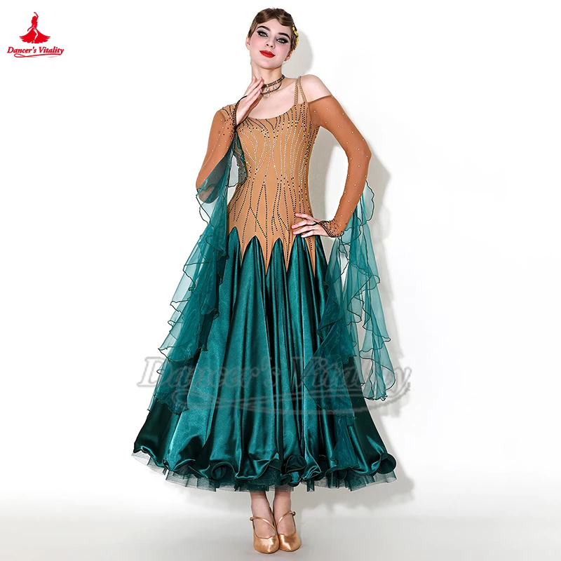 

Женское социальное танцевальное платье с длинными рукавами, черновато-зеленое большое свободное платье, вальс, фокстрот, одежда для выступлений и соревнований