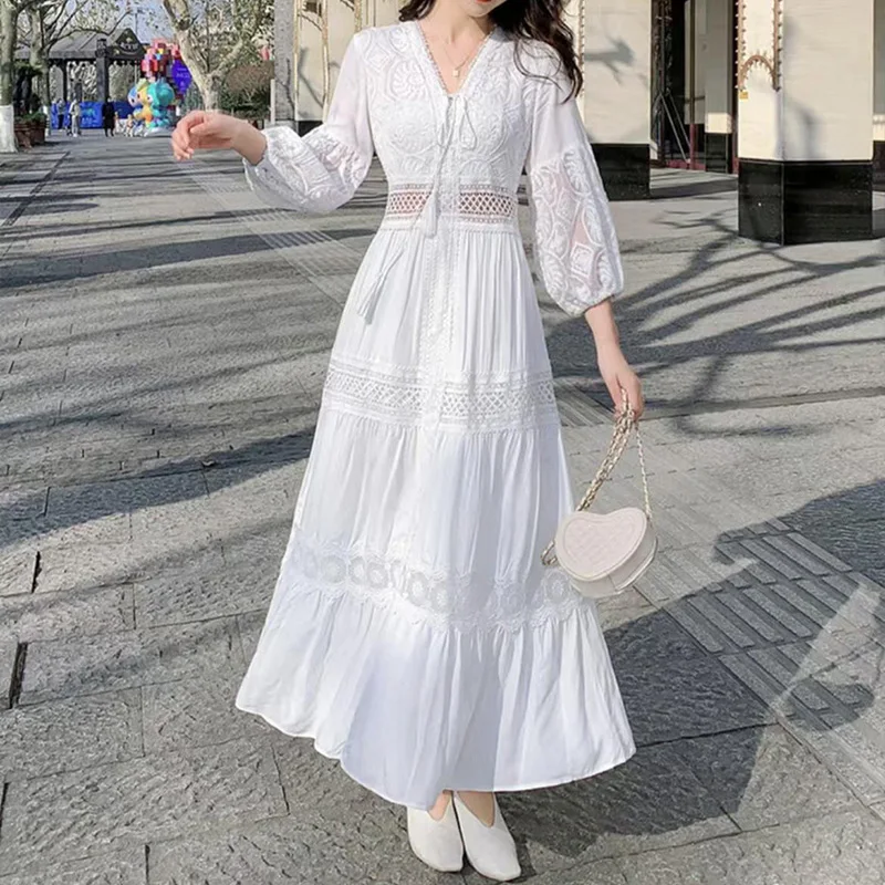 Biała Damska Letnia Długa Sukienka Codzienna Boho Koronkowa Sukienka Maxi Damska Plażowa Sukienka Wakacyjna Elegancka Vintage Sukienka na Imprezę Vestidos