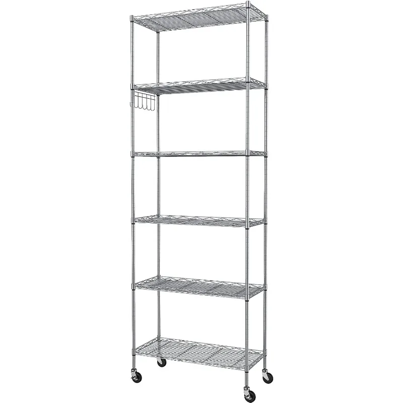 6-Tier Storage Shelf Wire Shelving Unit Free Standing Rack Organization with Caster Wheels, Stainless Side Hooks, Silver Gray