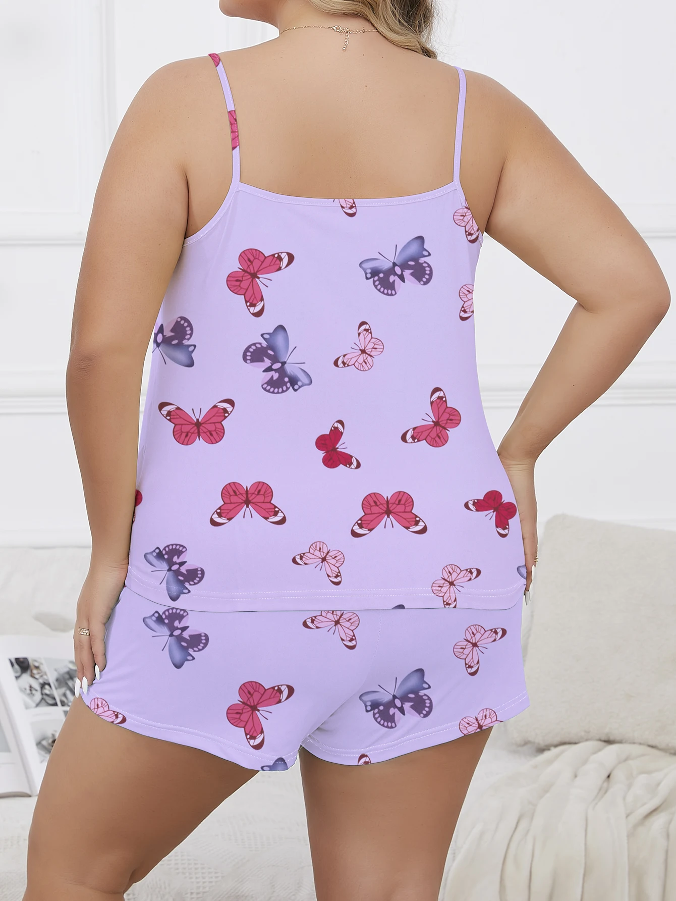 2-piece summer refreshing butterfly print purple suspender&shorts oversized women\'s pajamas and home clothing set