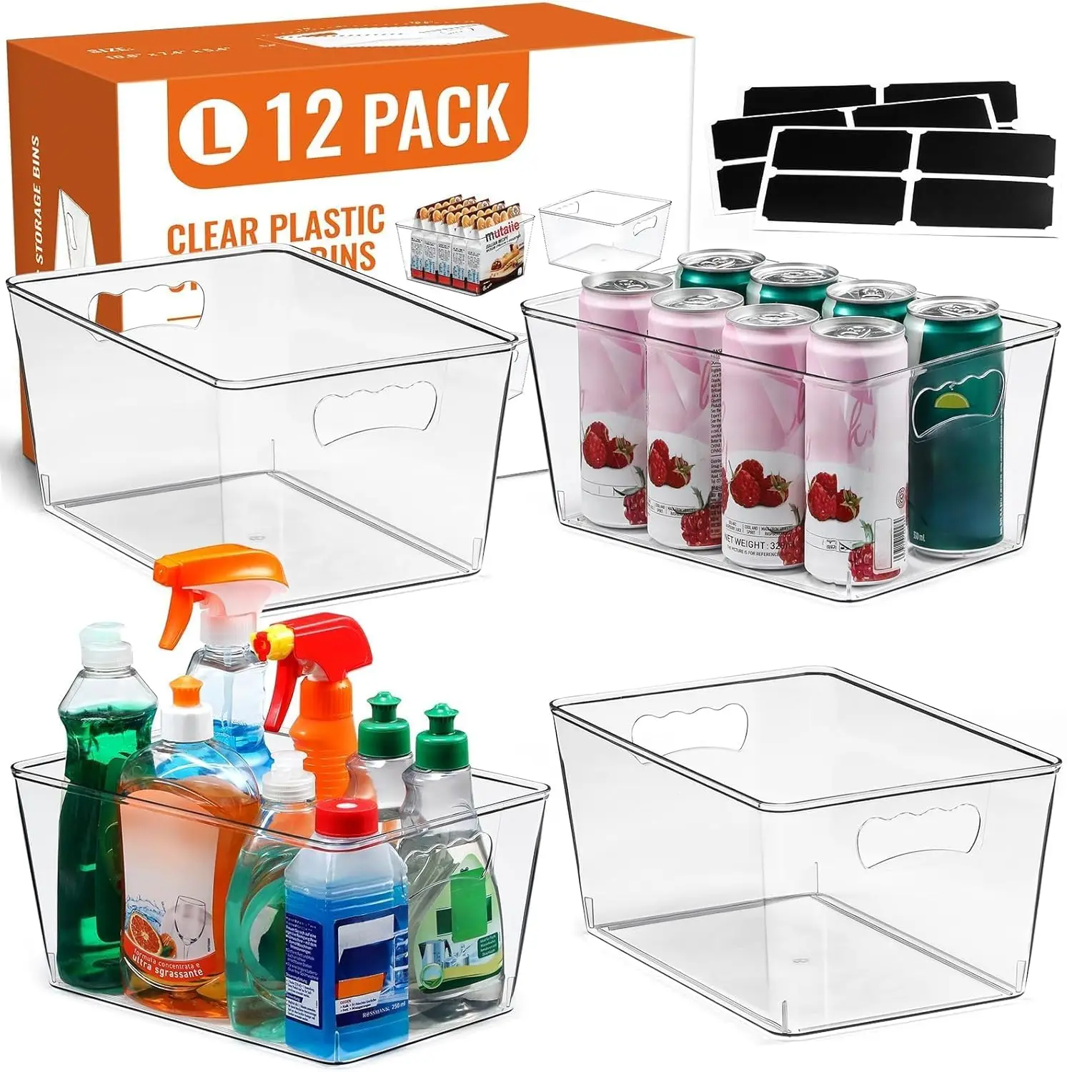 

12-Pack Large Clear Storage Bins with Handles & Labels, Multi-Use Organizers for Kitchen, Closet, Bathroom