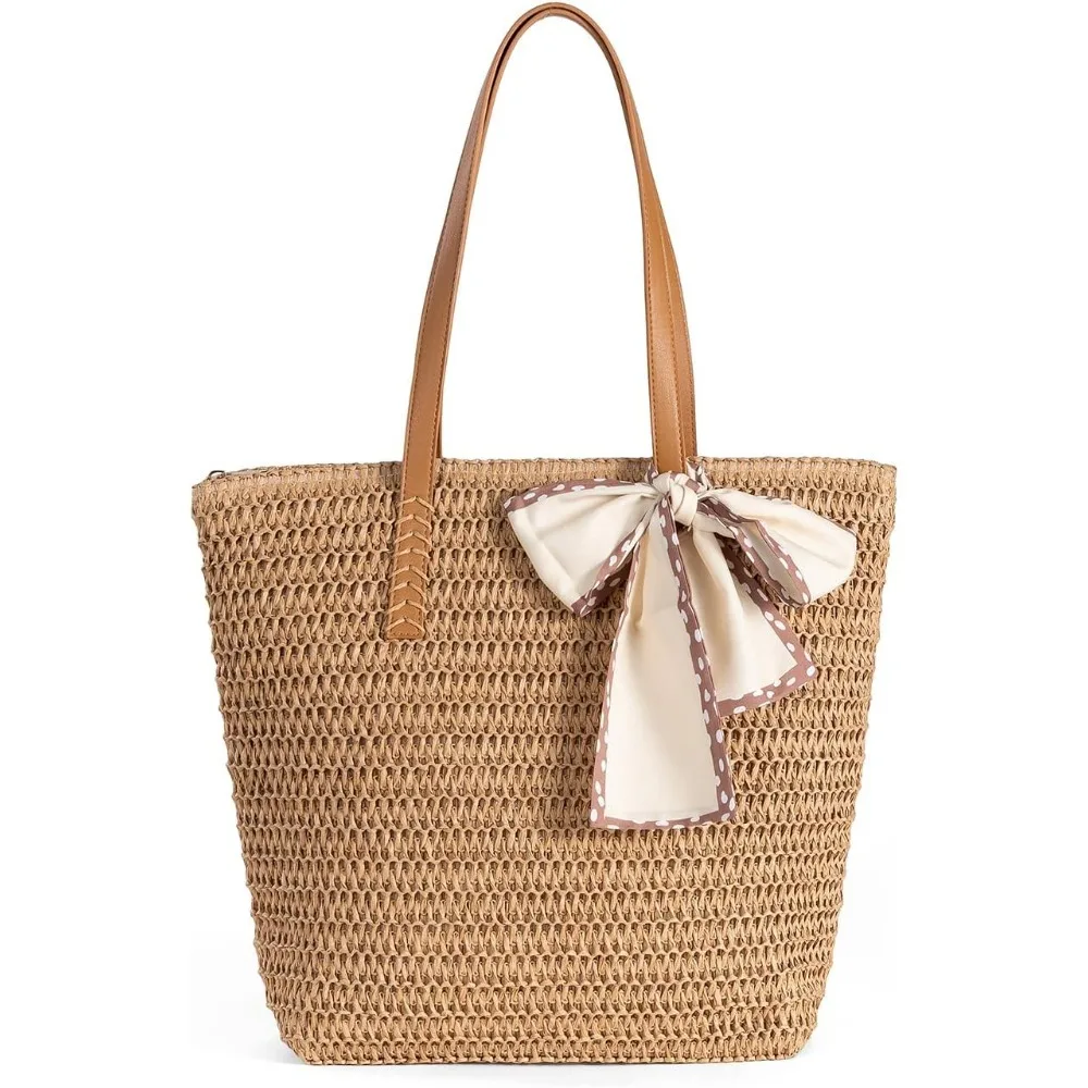 

Large Straw Beach Bag: Women's Handwoven Tote with Zipper Pocket Lightweight Summer Purse for Travel & Work