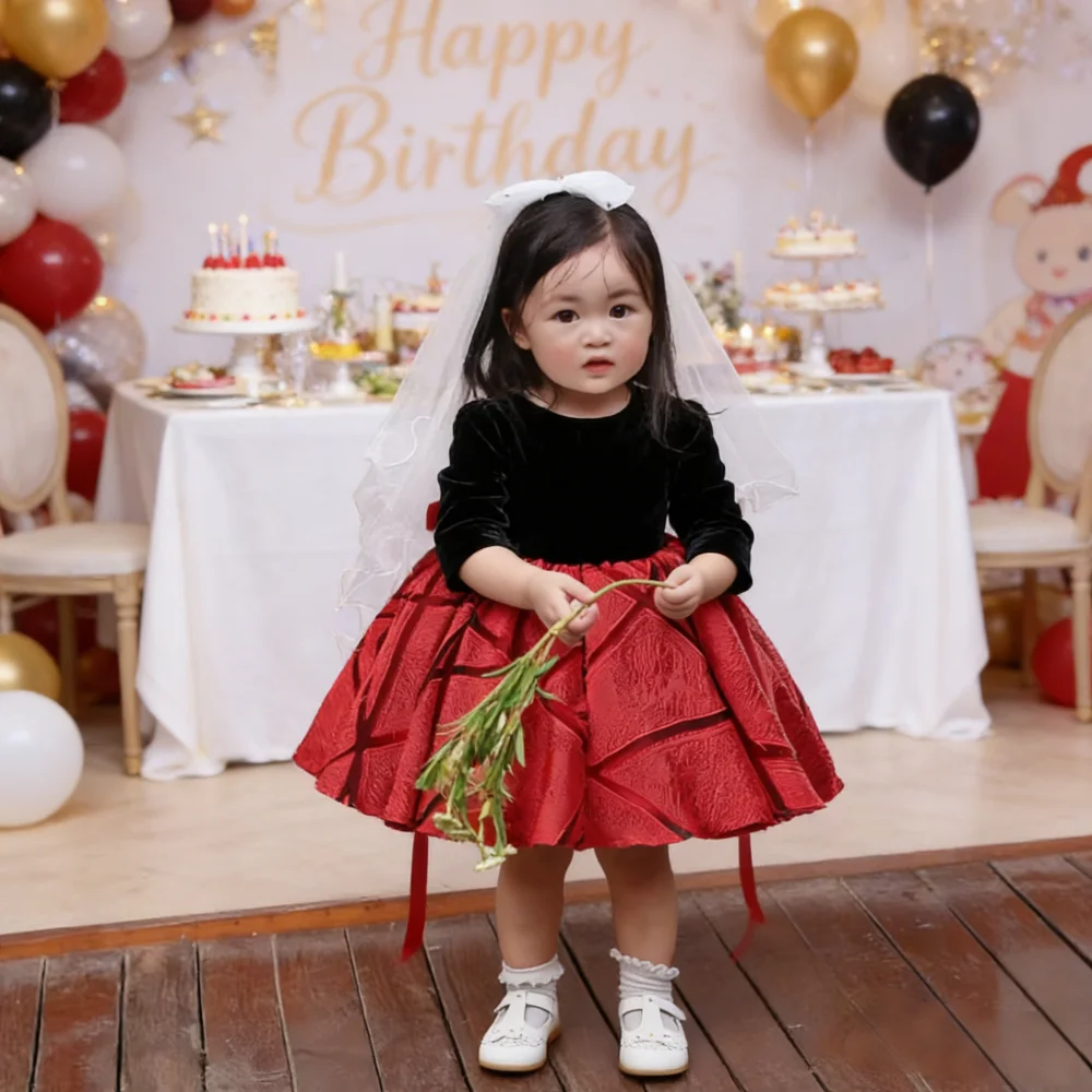 Gown Baby Girl First Birthday PrincesRed Children Host Piano Performances Dress Toddler Party Outfit Pageant Formal Attire Kids