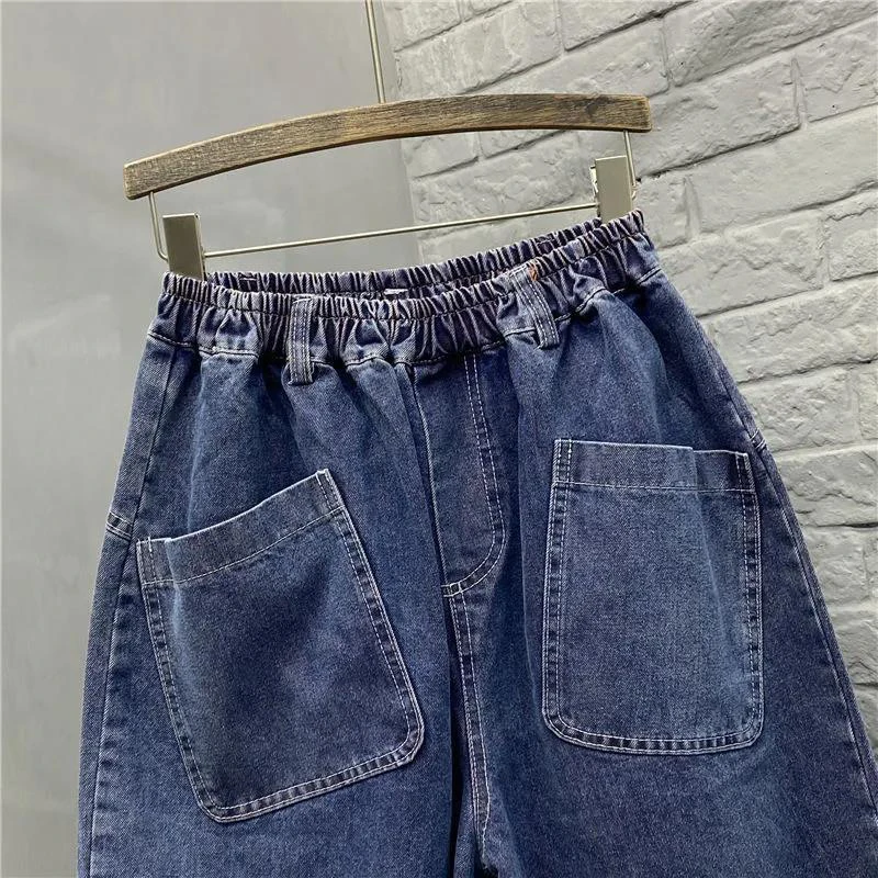 New Arrival Spring Arts Style Women Elastic Waist Casual Cotton Denim Harem Pants Double Pocket vintage Blue Loose Jeans C125