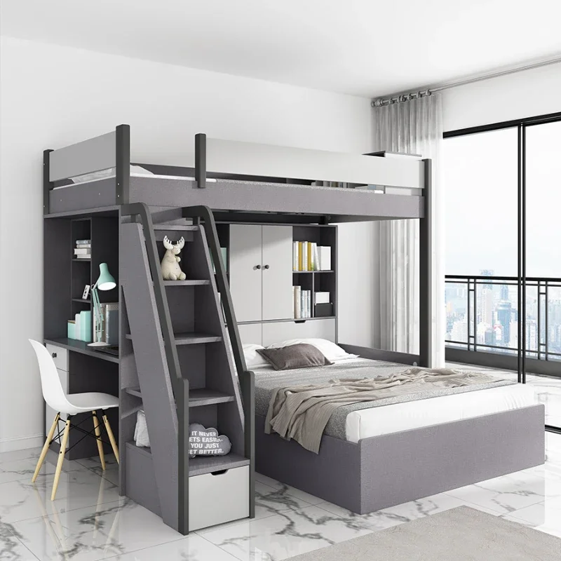 

Dispositioned double bed with upper and lower bunk beds, double layered multifunctional combination, two floors,