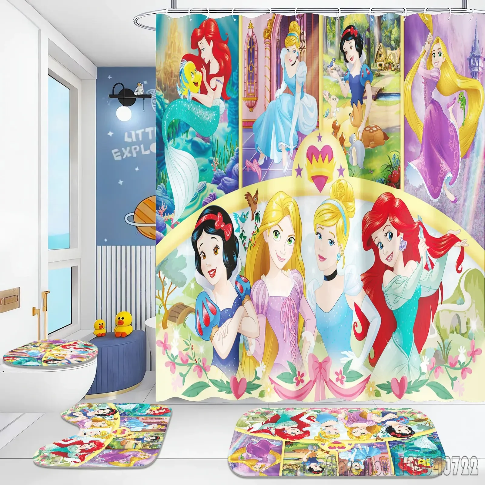 Snow White, Ariel, Princess Shower Curtain Bathroom Accessories 4 Piece Set Mats And 100% Polyester Decor Cute Funny home