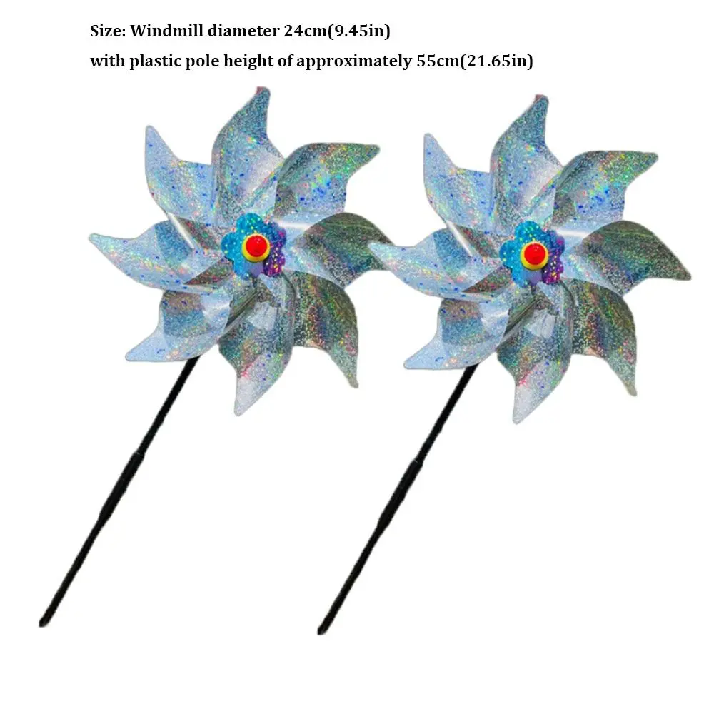 กังหันไล่นกแบบสะท้อนแสง 2 ชิ้น แบบมือถือ หลายสี พร้อมเสาสองชั้น ขนาด 24 ซม.