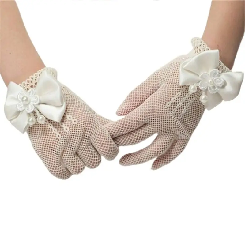 New Wedding Gloves For Brides Pearl Decorated Netting Stage Performance Princess Style Photography Studio White Finger Separated