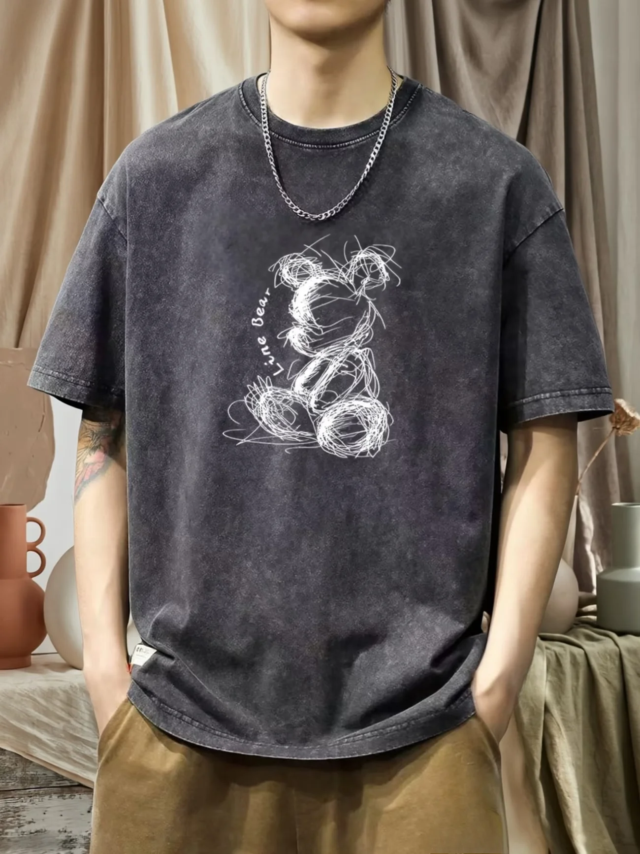 Men Washed T Shirt Line Bear Surprise Moment Vintage Summer Women Hip Hop Y2K Punk Gothic Tee Oversize Streetwear  Hip Hop Top