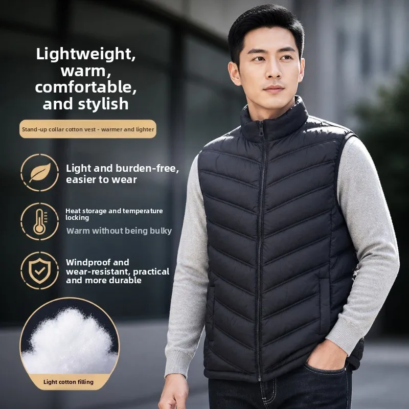Mens Light/Thin Sleeveless Cotton-padded Jacket Cold-proof Stand Collar Zip Up Warm Vests Coats Thicken Outdoor Casual Waistcoat