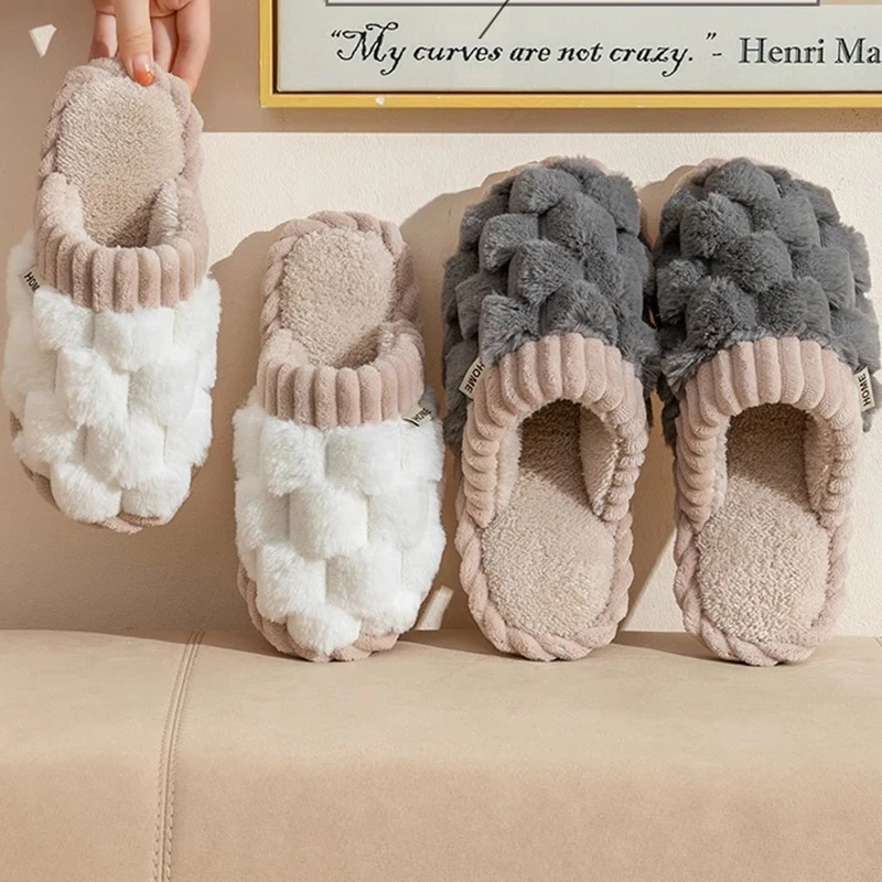 Home cotton slippers for women in winter indoor use for couples anti slip and warm fur slippers for men in winter