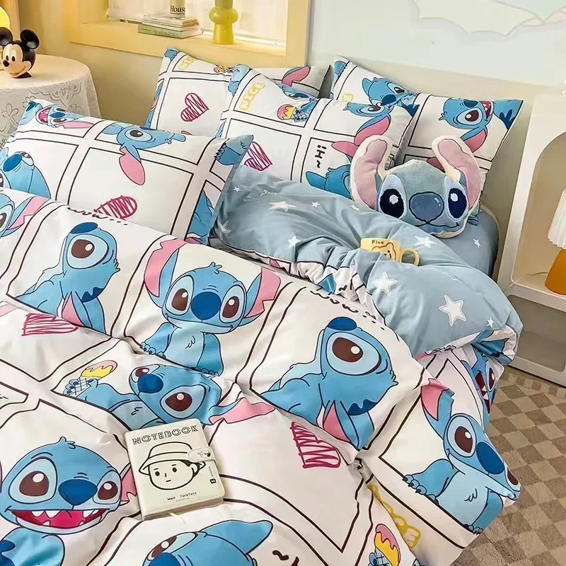 New Disney Stitch Cartoon Mickey Pooh Skin Friendly Printed Sheets Mattress Protectors Non-Slip Anime Sheets Children\'s Bedding