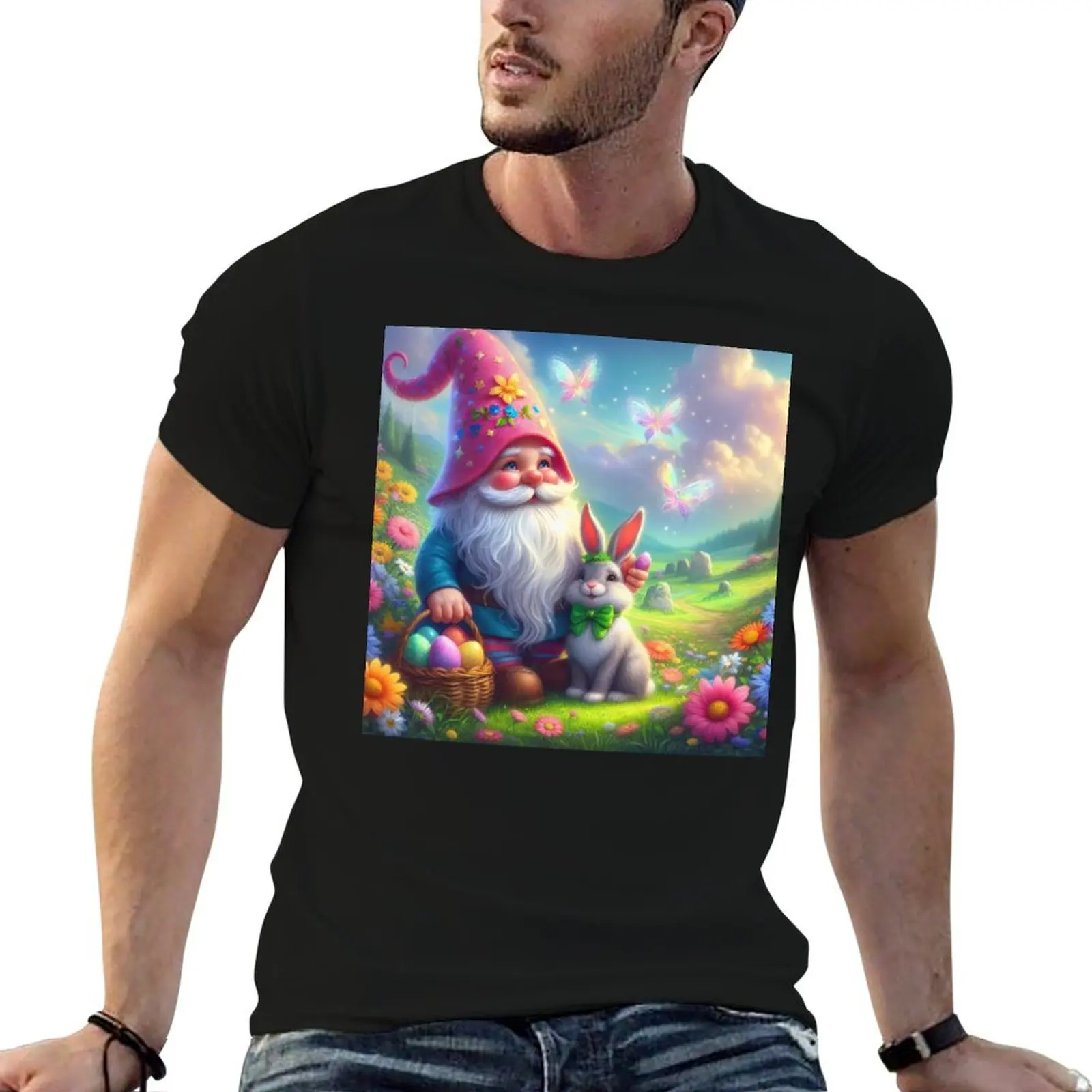 Copy of gnome with Color hat with basket and rabbit happy magical easter landscape T-Shirt Big Size Short Sleeve Tee for Men