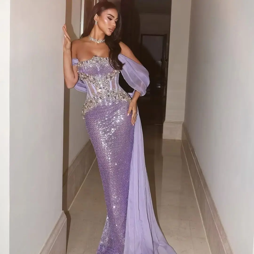 Cathy Customized Purple Sweetheart Neck Beaded Party Dresses Mermaid Sleeveless Vestidos De Noiva Corset Illusion Formal Evening