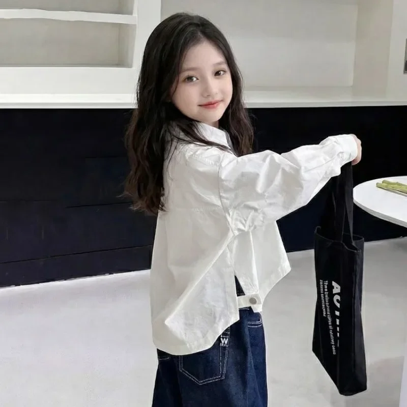 

5-15Y Girls' Irregular Shirt Spring/Summer Solid Color Blouse Children's White Long Sleeve Shirt Kids Coat 120-170cm 2026 New