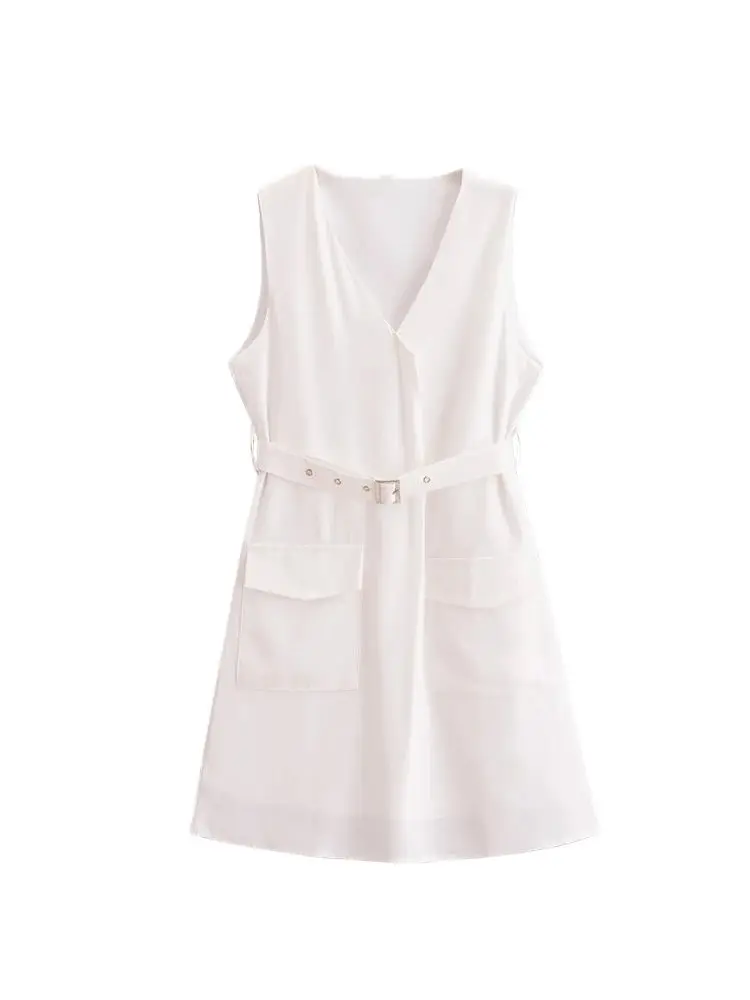Minivestido sem mangas com decote em V para mulheres, bolsos de remendo, vestidos femininos, moda chique