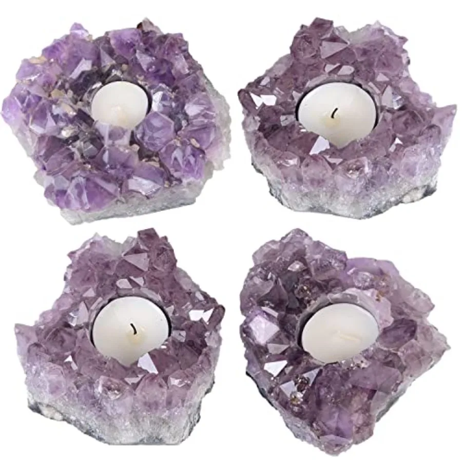 Amethyst Candle Holder Natural Purple Crystals Candle Stand Large Amethyst Tealight Candle Holders Home Decoration 5.5 Inch