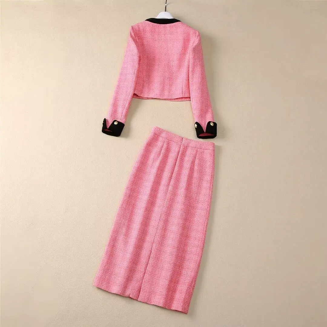 SEQINYY Elegant Pink Suit Spring Autumn New Fashion Design Women Runway High Street Jacket + Midi Skirt Pink Woven Office Lady