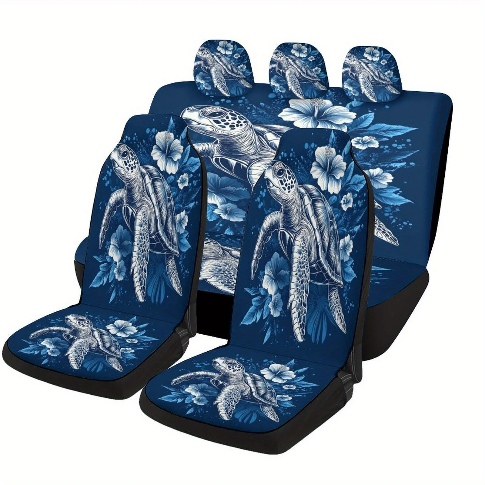 Turtle Hibiscus Art Designed Car Seat Covers Set For Most Cars, Trendy Novelty Decorative Car Seat Protector Covers Full Set, Un