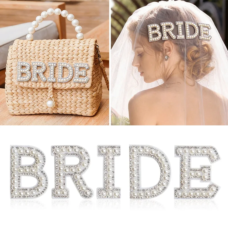 Parches de perlas y diamantes de imitación para novias, autoadhesivos, con pegamento termofusible, imágenes de letras del alfabeto inglés para decoración de ropa.