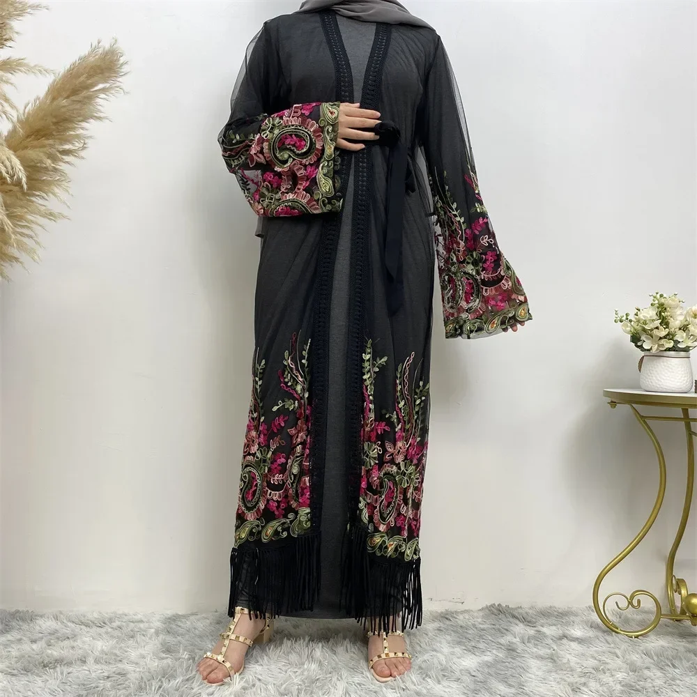 Muslim Abayas for Women Fashion ChiffonCardigan Dress Muslim Moroccan Dress Women Tassel Robe Cardigan Embroidered Gauze Abayas